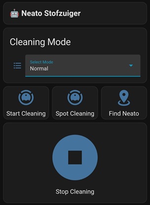 Home Assistant dashboard showing Neato controls